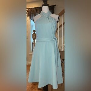 DKNY Seafoam/Mint Halter Neck Tie Midi Fit & Flare Dress | Wedding Guest Size 4